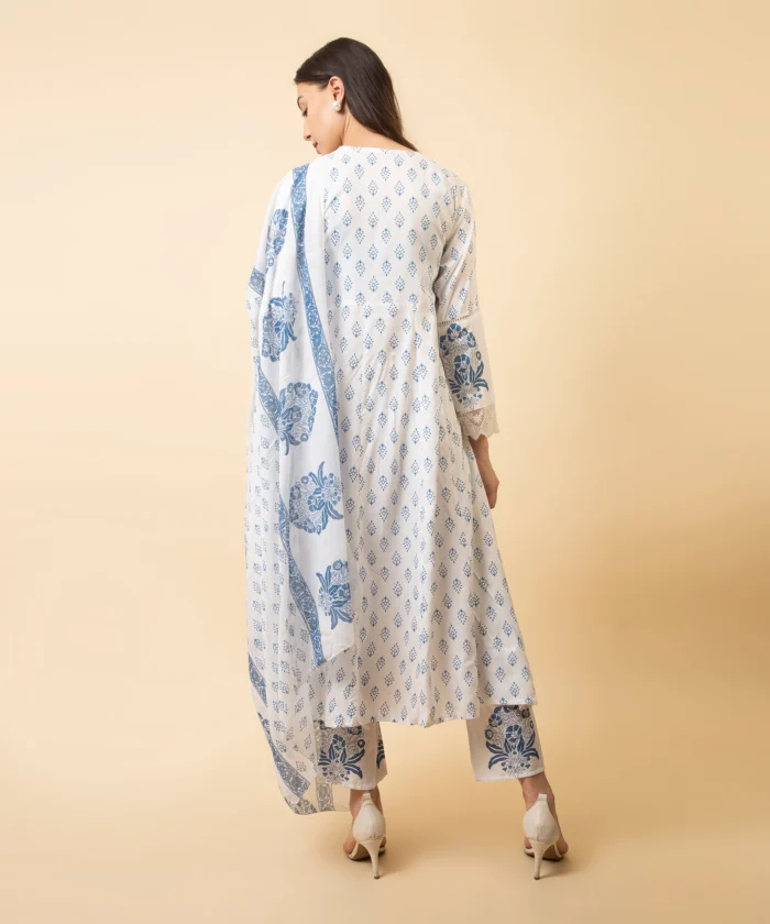 White & Blue Color Floral Printed Cotton Anarkali Suit - Image 6