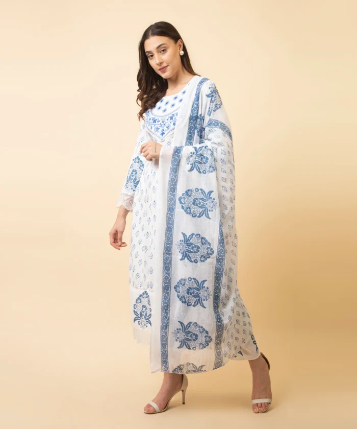 White & Blue Color Floral Printed Cotton Anarkali Suit - Image 4