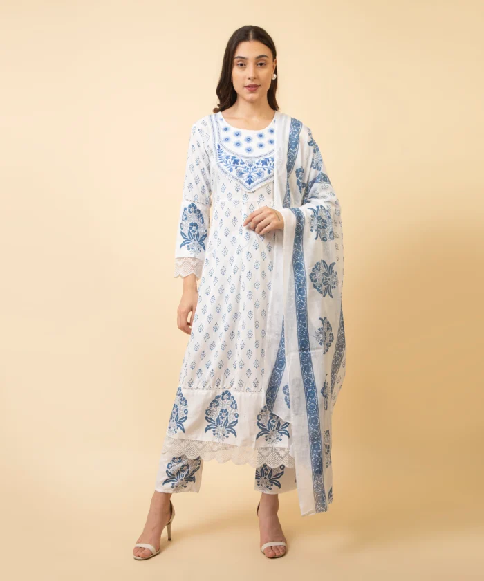 White & Blue Color Floral Printed Cotton Anarkali Suit - Image 5