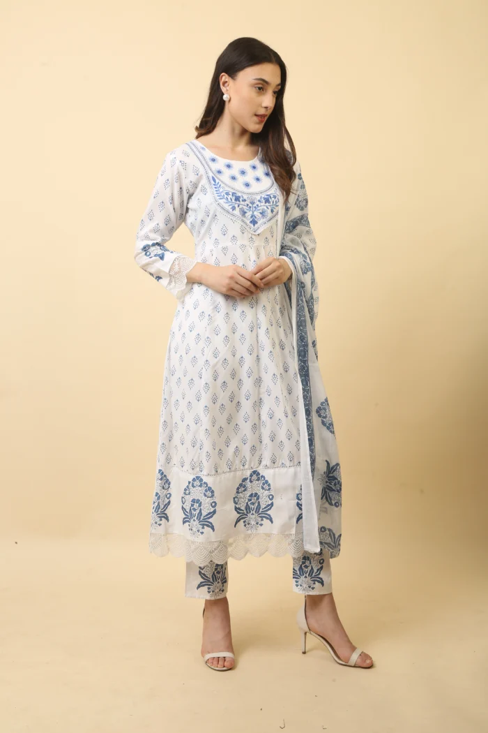 White & Blue Color Floral Printed Cotton Anarkali Suit