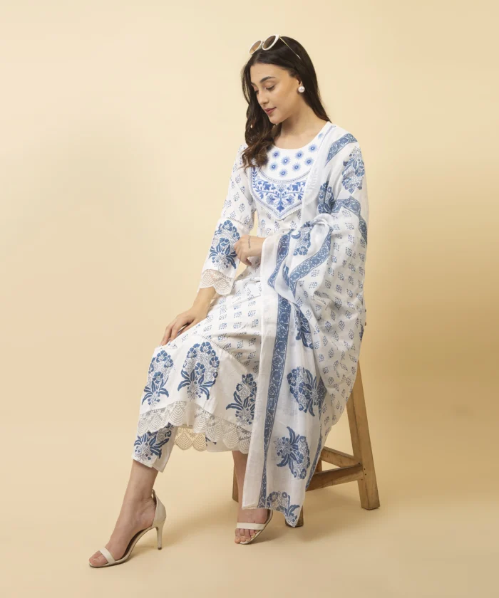 White & Blue Color Floral Printed Cotton Anarkali Suit - Image 2