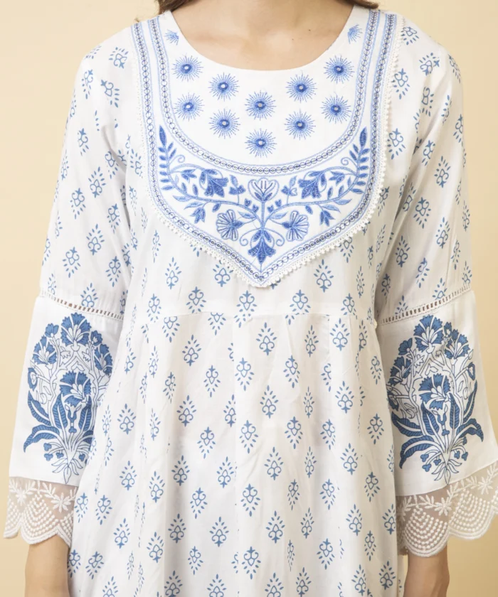 White & Blue Color Floral Printed Cotton Anarkali Suit - Image 7