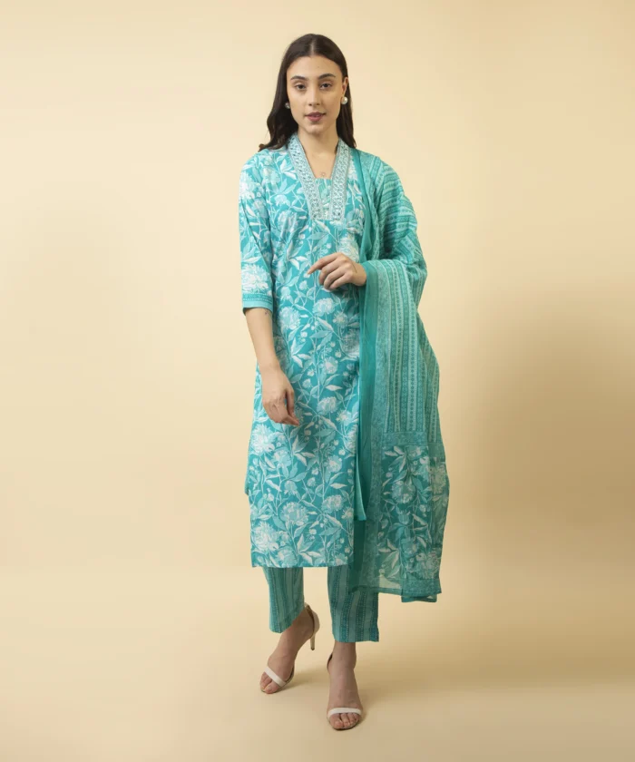 Women Cambric cotton kurta Pant Dupatta set - Image 2