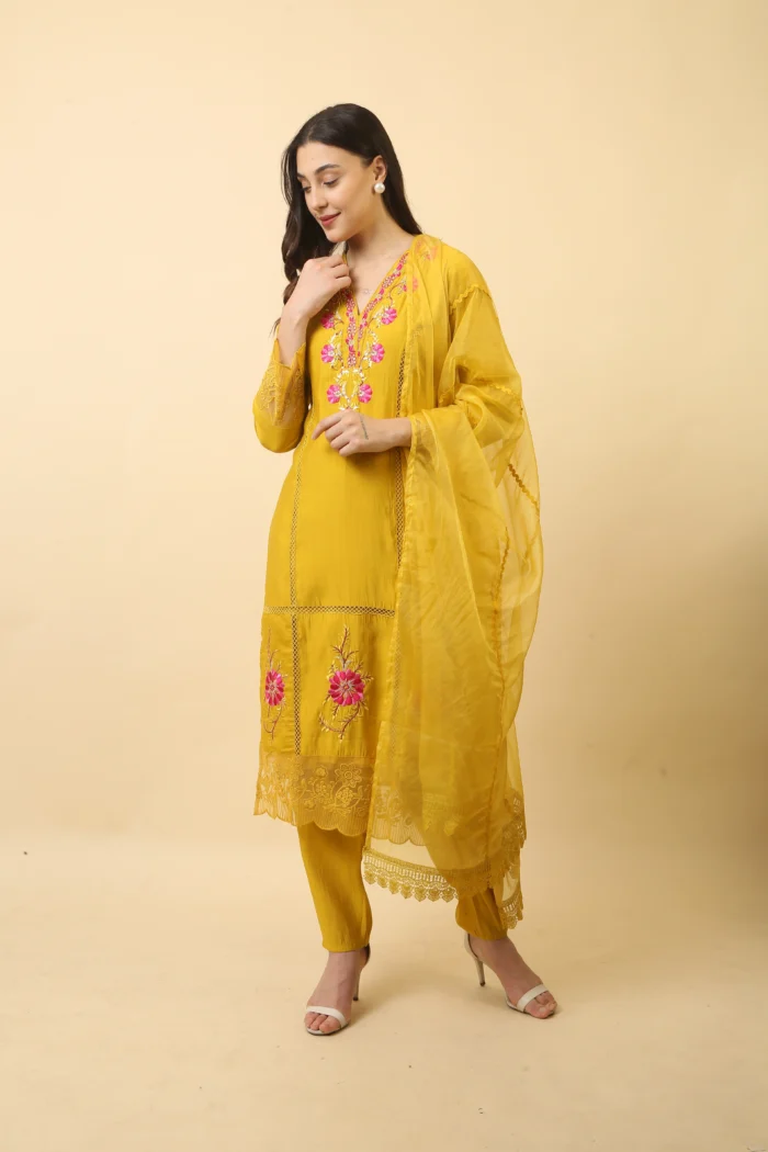 Mango yellow straight kurta set with net duppata