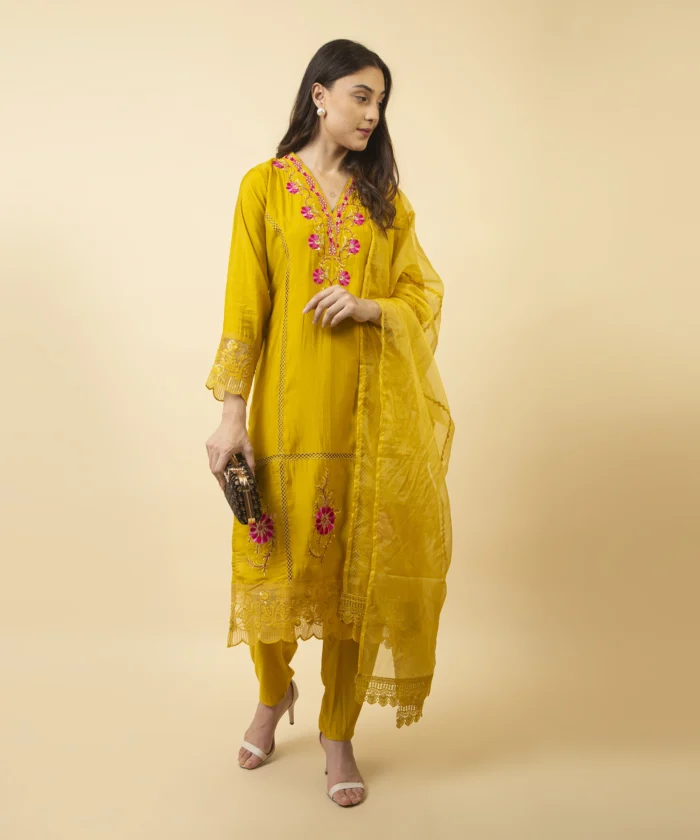 Mango yellow straight kurta set with net duppata - Image 2