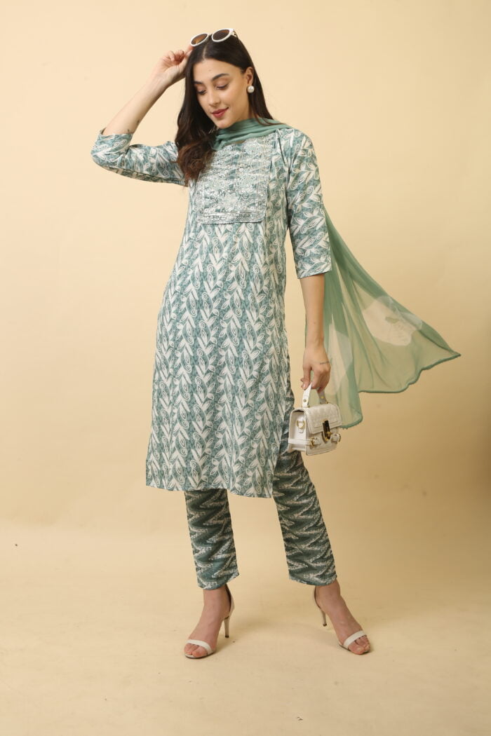 Women Ikat Print Straight Kurta Set with Dupatta