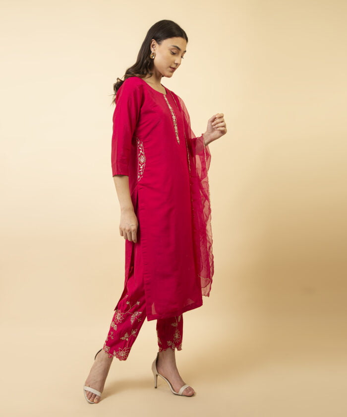 Hand Embroidered Kurta with pant & dupatta - Image 2