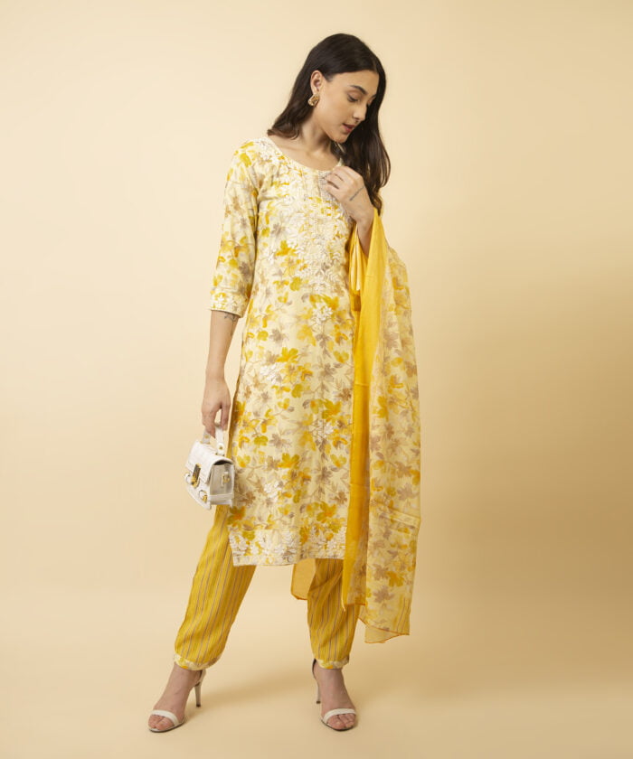 Printed Yellow Kurta, Palazzo & Dupatta