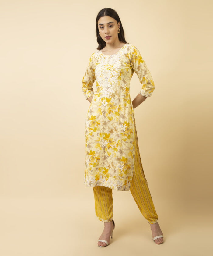 Printed Yellow Kurta, Palazzo & Dupatta - Image 2