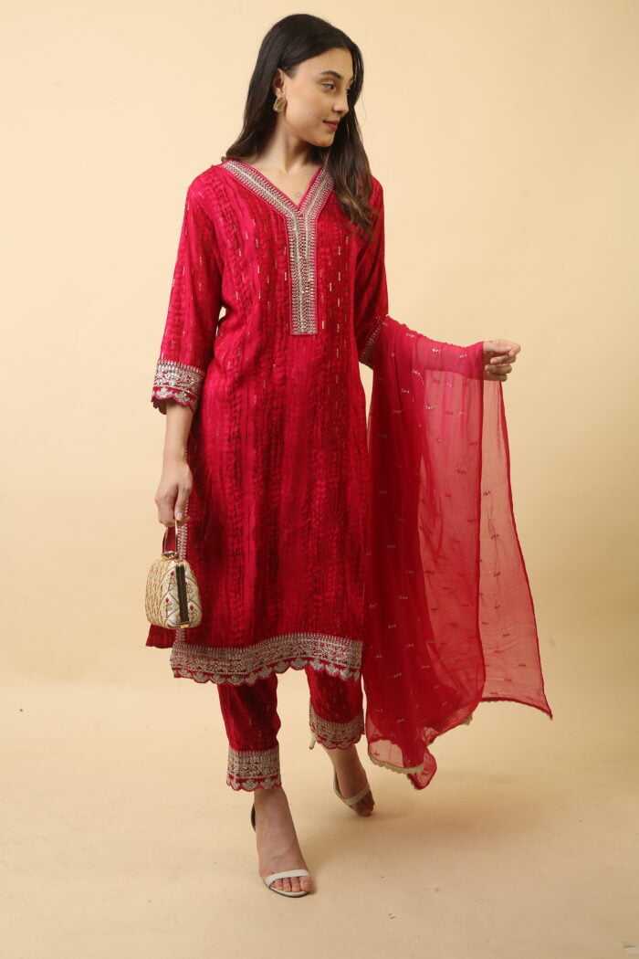 Red Ethnic kurta and pet with dupatta